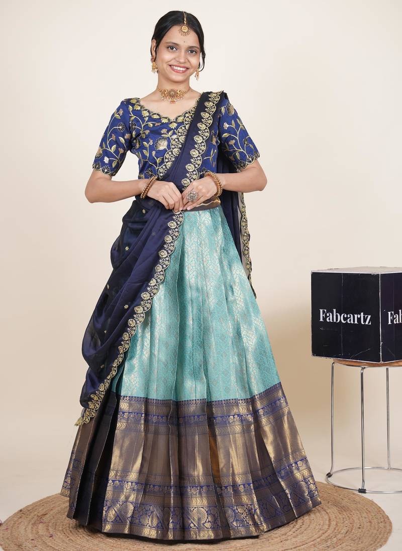 Beautiful South Indian Style Semi-Stitched Half Saree with Embroidered Blouse and Rangoli Dupatta for Women