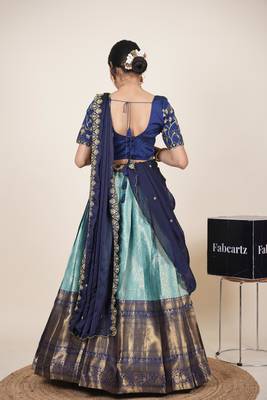 Beautiful South Indian Style Semi-Stitched Half Saree with Embroidered Blouse and Rangoli Dupatta for Women 2