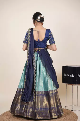 Beautiful South Indian Style Semi-Stitched Half Saree with Embroidered Blouse and Rangoli Dupatta for Women