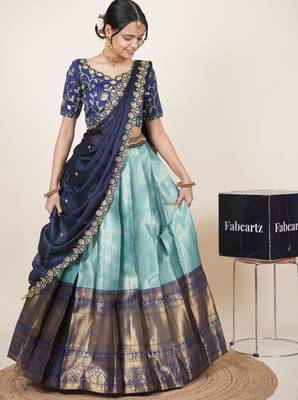 Beautiful South Indian Style Semi-Stitched Half Saree with Embroidered Blouse and Rangoli Dupatta for Women 3