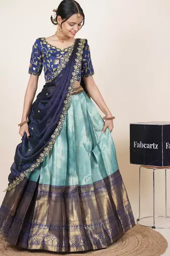 Beautiful South Indian Style Semi-Stitched Half Saree with Embroidered Blouse and Rangoli Dupatta for Women