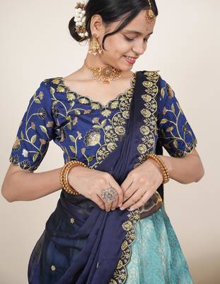 Beautiful South Indian Style Semi-Stitched Half Saree with Embroidered Blouse and Rangoli Dupatta for Women 4