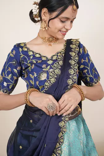 Beautiful South Indian Style Semi-Stitched Half Saree with Embroidered Blouse and Rangoli Dupatta for Women