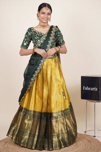 Beautiful South Indian Style Semi-Stitched Half Saree with Embroidered Blouse and Rangoli Dupatta for Women