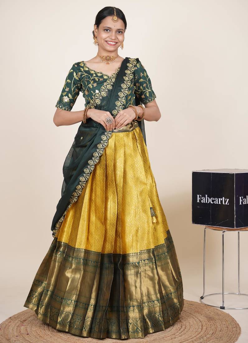 Beautiful South Indian Style Semi-Stitched Half Saree with Embroidered Blouse and Rangoli Dupatta for Women