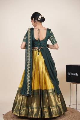 Beautiful South Indian Style Semi-Stitched Half Saree with Embroidered Blouse and Rangoli Dupatta for Women 2