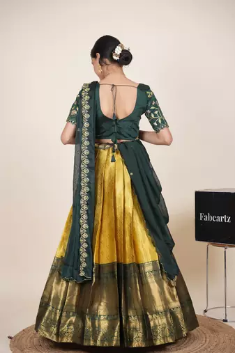 Beautiful South Indian Style Semi-Stitched Half Saree with Embroidered Blouse and Rangoli Dupatta for Women