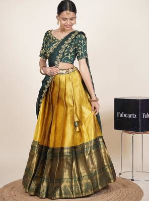 Beautiful South Indian Style Semi-Stitched Half Saree with Embroidered Blouse and Rangoli Dupatta for Women 3