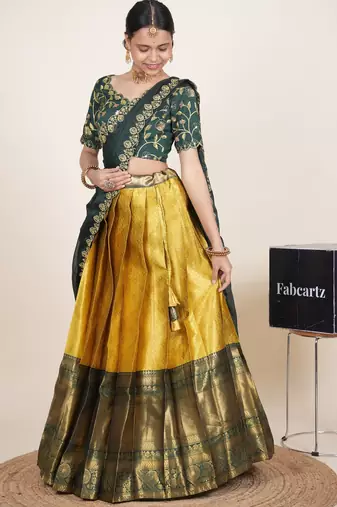Beautiful South Indian Style Semi-Stitched Half Saree with Embroidered Blouse and Rangoli Dupatta for Women