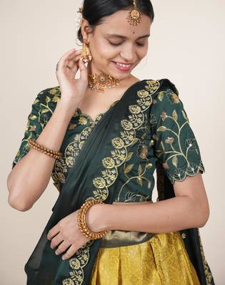 Beautiful South Indian Style Semi-Stitched Half Saree with Embroidered Blouse and Rangoli Dupatta for Women 4