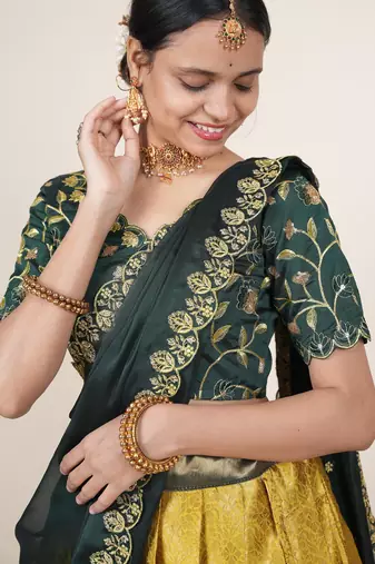 Beautiful South Indian Style Semi-Stitched Half Saree with Embroidered Blouse and Rangoli Dupatta for Women