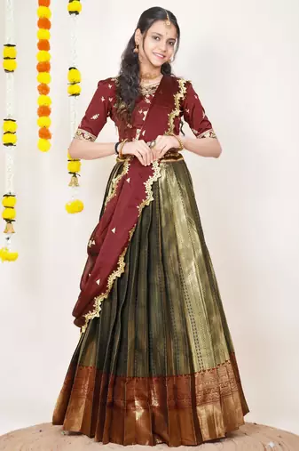 Beautiful South Indian Style Semi-Stitched Half Saree with Embroidered Blouse and Rangoli Dupatta for Women