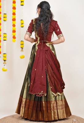Beautiful South Indian Style Semi-Stitched Half Saree with Embroidered Blouse and Rangoli Dupatta for Women 2