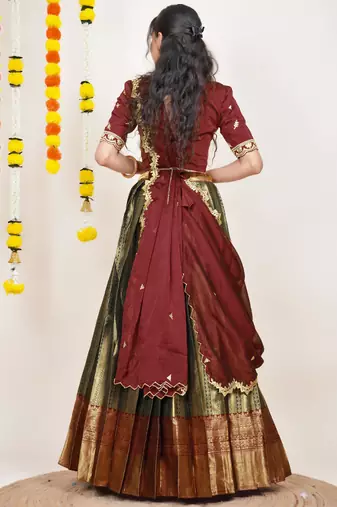 Beautiful South Indian Style Semi-Stitched Half Saree with Embroidered Blouse and Rangoli Dupatta for Women