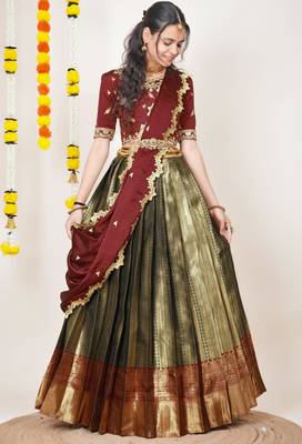 Beautiful South Indian Style Semi-Stitched Half Saree with Embroidered Blouse and Rangoli Dupatta for Women 3