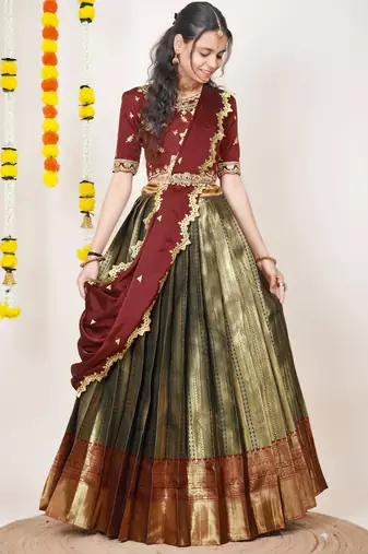 Beautiful South Indian Style Semi-Stitched Half Saree with Embroidered Blouse and Rangoli Dupatta for Women
