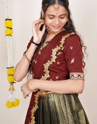 Beautiful South Indian Style Semi-Stitched Half Saree with Embroidered Blouse and Rangoli Dupatta for Women 4