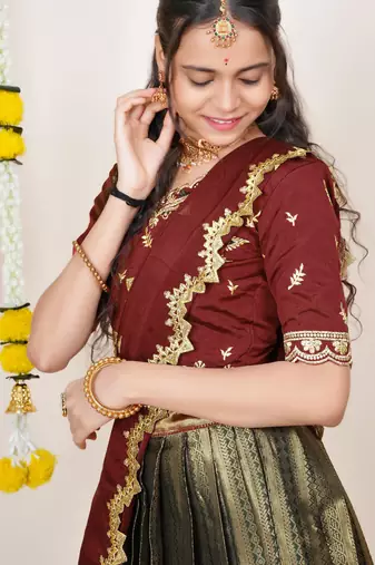 Beautiful South Indian Style Semi-Stitched Half Saree with Embroidered Blouse and Rangoli Dupatta for Women
