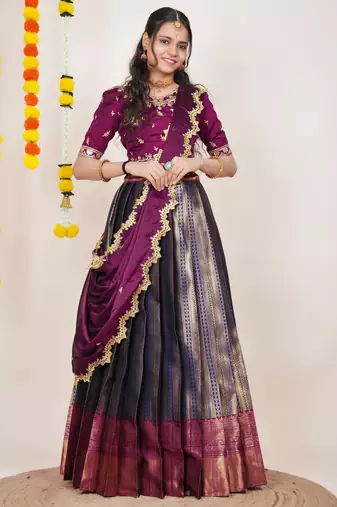 Beautiful South Indian Style Semi-Stitched Half Saree with Embroidered Blouse and Rangoli Dupatta for Women