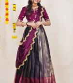 Beautiful South Indian Style Semi-Stitched Half Saree with Embroidered Blouse and Rangoli Dupatta for Women
