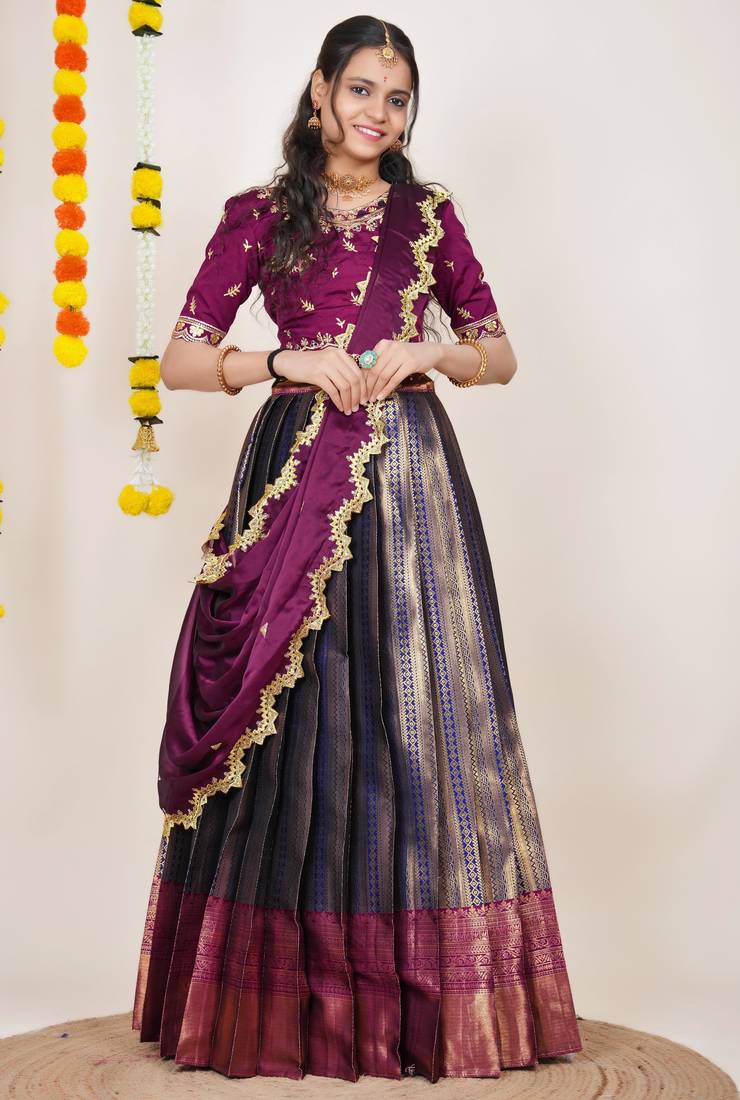 Beautiful South Indian Style Semi-Stitched Half Saree with Embroidered Blouse and Rangoli Dupatta for Women
