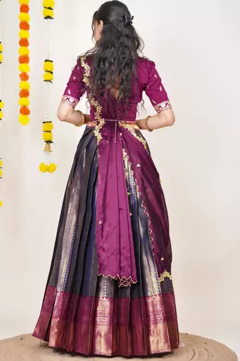 Beautiful South Indian Style Semi-Stitched Half Saree with Embroidered Blouse and Rangoli Dupatta for Women