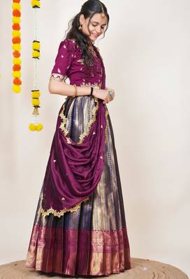 Beautiful South Indian Style Semi-Stitched Half Saree with Embroidered Blouse and Rangoli Dupatta for Women 3