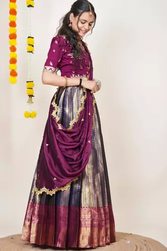Beautiful South Indian Style Semi-Stitched Half Saree with Embroidered Blouse and Rangoli Dupatta for Women