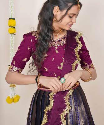 Beautiful South Indian Style Semi-Stitched Half Saree with Embroidered Blouse and Rangoli Dupatta for Women 4