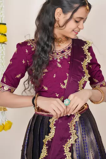 Beautiful South Indian Style Semi-Stitched Half Saree with Embroidered Blouse and Rangoli Dupatta for Women