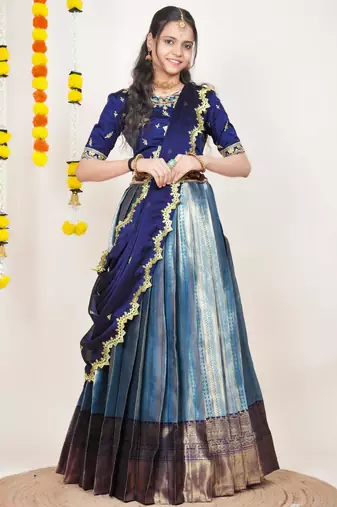 Beautiful South Indian Style Semi-Stitched Half Saree with Embroidered Blouse and Rangoli Dupatta for Women