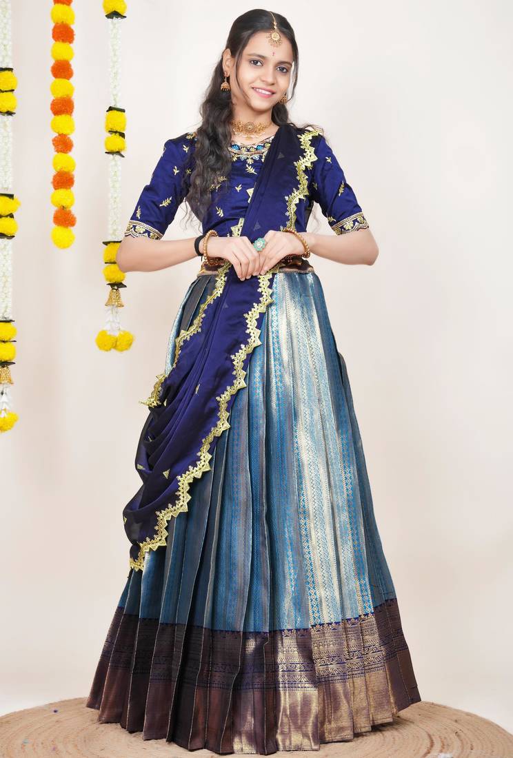 Beautiful South Indian Style Semi-Stitched Half Saree with Embroidered Blouse and Rangoli Dupatta for Women
