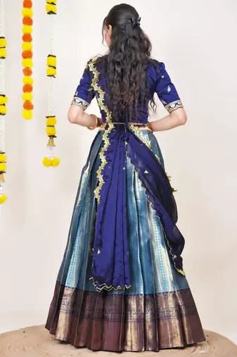 Beautiful South Indian Style Semi-Stitched Half Saree with Embroidered Blouse and Rangoli Dupatta for Women