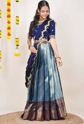 Beautiful South Indian Style Semi-Stitched Half Saree with Embroidered Blouse and Rangoli Dupatta for Women 3