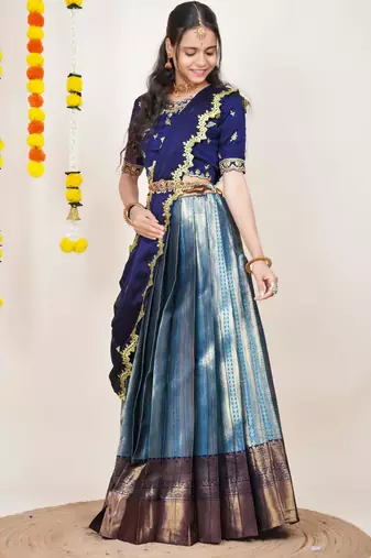 Beautiful South Indian Style Semi-Stitched Half Saree with Embroidered Blouse and Rangoli Dupatta for Women