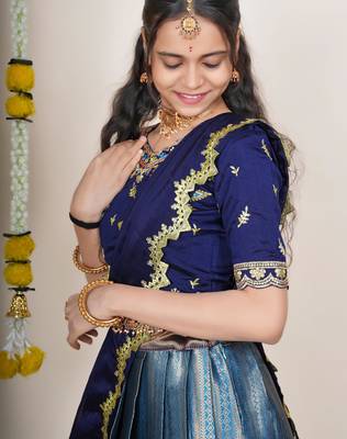 Beautiful South Indian Style Semi-Stitched Half Saree with Embroidered Blouse and Rangoli Dupatta for Women 4