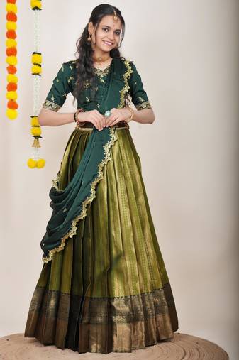 Beautiful South Indian Style Semi-Stitched Half Saree with Embroidered Blouse and Rangoli Dupatta for Women