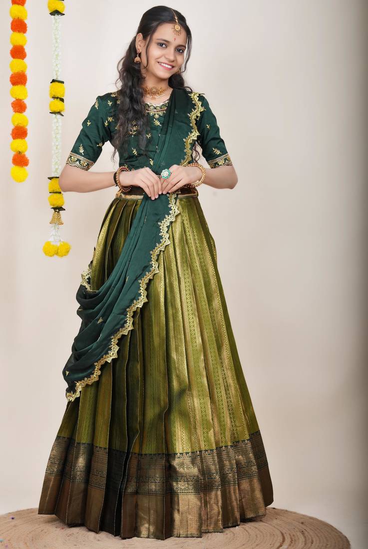 Beautiful South Indian Style Semi-Stitched Half Saree with Embroidered Blouse and Rangoli Dupatta for Women