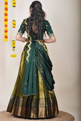 Beautiful South Indian Style Semi-Stitched Half Saree with Embroidered Blouse and Rangoli Dupatta for Women 2