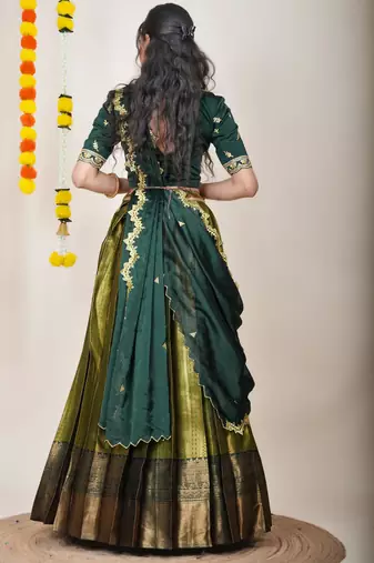 Beautiful South Indian Style Semi-Stitched Half Saree with Embroidered Blouse and Rangoli Dupatta for Women