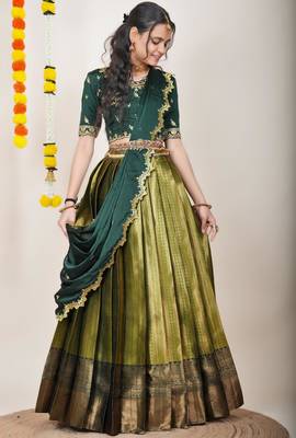 Beautiful South Indian Style Semi-Stitched Half Saree with Embroidered Blouse and Rangoli Dupatta for Women 3