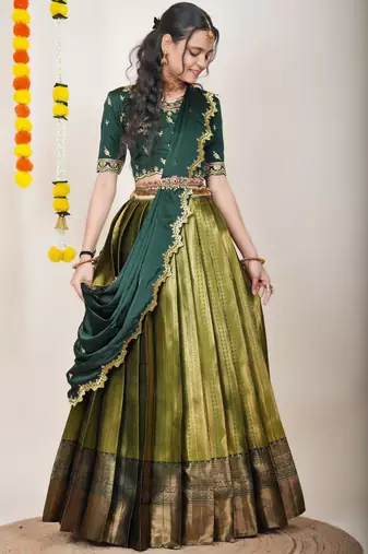 Beautiful South Indian Style Semi-Stitched Half Saree with Embroidered Blouse and Rangoli Dupatta for Women