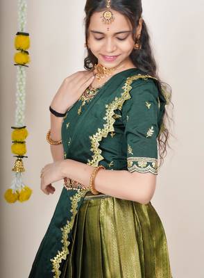 Beautiful South Indian Style Semi-Stitched Half Saree with Embroidered Blouse and Rangoli Dupatta for Women 4