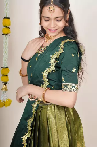 Beautiful South Indian Style Semi-Stitched Half Saree with Embroidered Blouse and Rangoli Dupatta for Women
