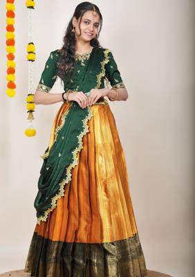 Beautiful South Indian Style Semi-Stitched Half Saree with Embroidered Blouse and Rangoli Dupatta for Women 1
