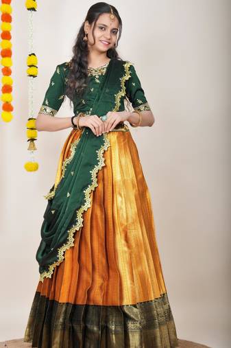 Beautiful South Indian Style Semi-Stitched Half Saree with Embroidered Blouse and Rangoli Dupatta for Women