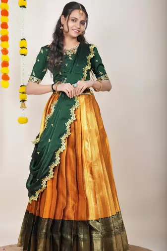 Beautiful South Indian Style Semi-Stitched Half Saree with Embroidered Blouse and Rangoli Dupatta for Women