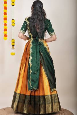 Beautiful South Indian Style Semi-Stitched Half Saree with Embroidered Blouse and Rangoli Dupatta for Women 2