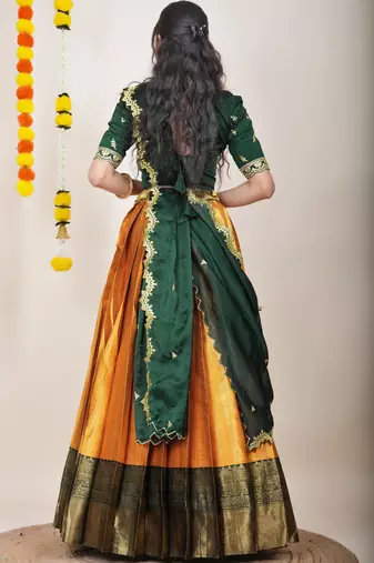 Beautiful South Indian Style Semi-Stitched Half Saree with Embroidered Blouse and Rangoli Dupatta for Women