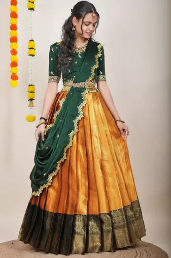 Beautiful South Indian Style Semi-Stitched Half Saree with Embroidered Blouse and Rangoli Dupatta for Women